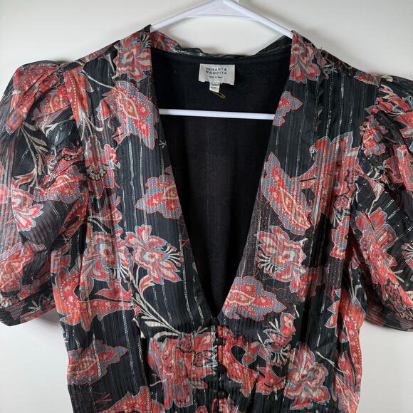 Hemant & Nandita x REVOLVE Zoie Bodysuit Women’s M Black Floral V-Neck black - Picture 5 of 16